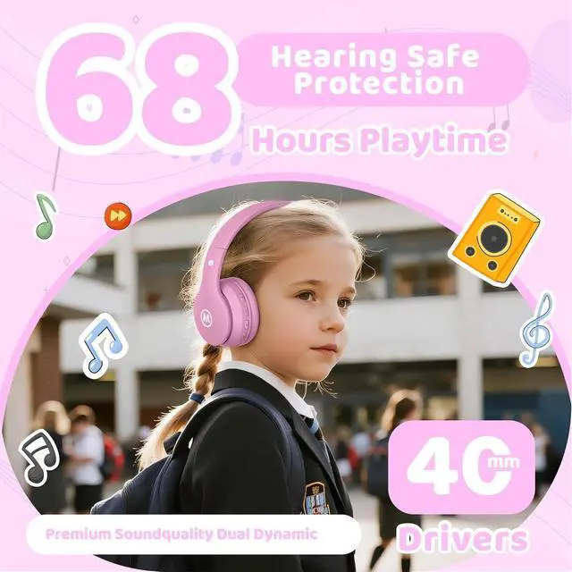 Alt view image 3 of 7 - Mokata Headphones Kids Bluetooth 5.4 Wireless Play Time 68H Safe Volume Limit 85/94dB Over-Ear Foldable Headset,Fast Charging,with Aux Cord Built-in Mic for Toddler Child Pad Study Tablet Pink