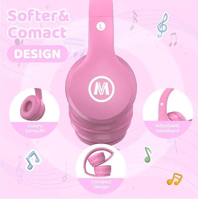 Alt view image 6 of 7 - Mokata Headphones Kids Bluetooth 5.4 Wireless Play Time 68H Safe Volume Limit 85/94dB Over-Ear Foldable Headset,Fast Charging,with Aux Cord Built-in Mic for Toddler Child Pad Study Tablet Pink