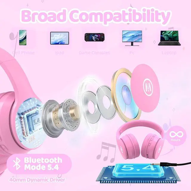 Alt view image 7 of 7 - Mokata Headphones Kids Bluetooth 5.4 Wireless Play Time 68H Safe Volume Limit 85/94dB Over-Ear Foldable Headset,Fast Charging,with Aux Cord Built-in Mic for Toddler Child Pad Study Tablet Pink