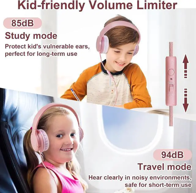Alt view image 6 of 7 - Kids Wired Headphones with Microphone, 85/94dB Safe Volume Limiter,Foldable,3.5mm Jack Over-Ear Cord Headset for Online Study/Travel, Compatible with Tablet,iPad,PC&More,Pink