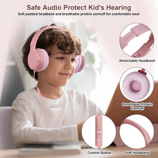 Alt view image 7 of 7 - Kids Wired Headphones with Microphone, 85/94dB Safe Volume Limiter,Foldable,3.5mm Jack Over-Ear Cord Headset for Online Study/Travel, Compatible with Tablet,iPad,PC&More,Pink