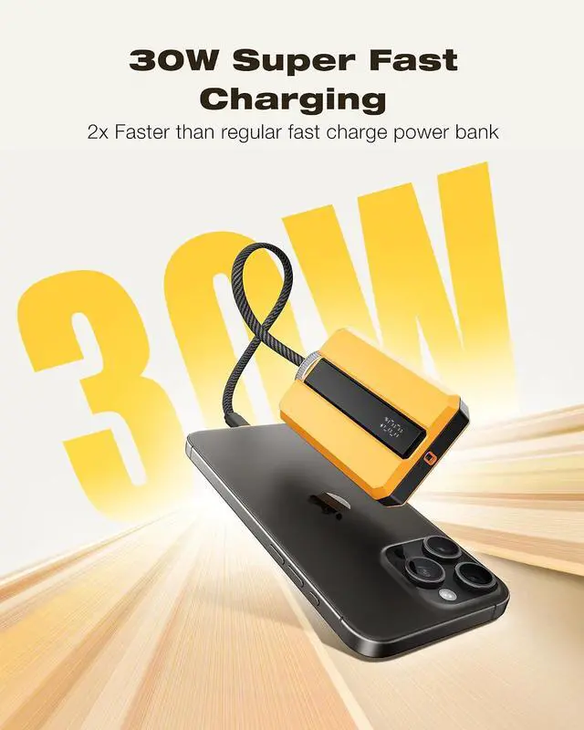 Alt view image 3 of 7 - VEEKTOMX PD 30W Super Fast Charging Portable Charger 10000mAh, Small Power Bank with Detachable USB C Dual Ports Built-in Cord, Compact Travel Battery Pack Compatible with iPhone/Samsung/MacBook/iPad