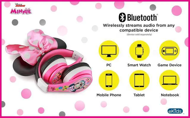 Alt view image 7 of 7 - eKids Minnie Mouse Kids Bluetooth Headphones, Wireless with Microphone Includes Aux Cord, Volume Reduced Foldable Headphones for School, Home, or Travel, Pink