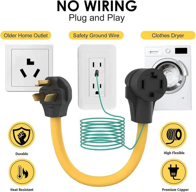 Alt view image 2 of 7 - Dryer Adapter 4 Prong to 3 Prong 1.5FT 30 Amp with Green Ground Wire | Rental Friendly NEMA 10-30P Male to NEMA 14-30R Female New to Old Dryer Receptacle Plug Power Cord