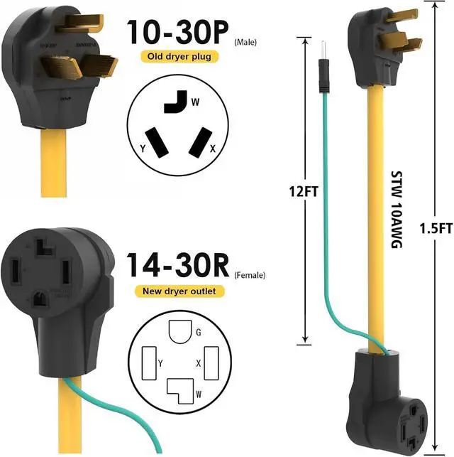 Alt view image 3 of 7 - Dryer Adapter 4 Prong to 3 Prong 1.5FT 30 Amp with Green Ground Wire | Rental Friendly NEMA 10-30P Male to NEMA 14-30R Female New to Old Dryer Receptacle Plug Power Cord