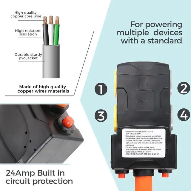 Alt view image 5 of 6 - 50 Amp to 20 Amp 110V RV Distribution Adapter, NEMA 14-50P to 4 X 5-20R/15R | 4-Prong to Multiple Household Outlet w/ 20amp Circuit Breaker, 1.5FT ETL Listed RV Generator Distribution Cord