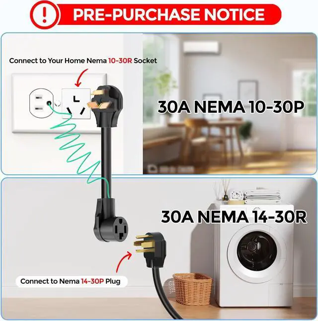 Alt view image 2 of 7 - CircleCord Dryer Adapter 4 Prong to 3 Prong, 4P Newer to 3P Older House, Convert Cord NEMA 10-30P Plug to 14-30R Receptacle, 10 AWG STW 1.5FT With Safety Ground Wire, ETL Listed