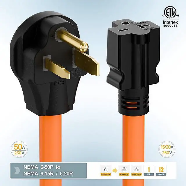 Alt view image 6 of 7 - 1.5FT Nema 6-50P to 6-15R/6-20R Welder Power Adapter Cord | 6-50P 50-Amp to 6-20R 20A T-Blade Adapter, 6-50 to 6-20R Adaptor Cord