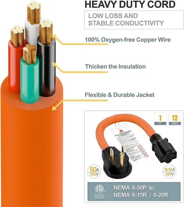 Alt view image 7 of 7 - 1.5FT Nema 6-50P to 6-15R/6-20R Welder Power Adapter Cord | 6-50P 50-Amp to 6-20R 20A T-Blade Adapter, 6-50 to 6-20R Adaptor Cord