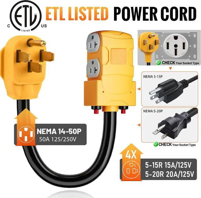 Alt view image 5 of 7 - MECMO 50 Amp to 20 Amp 110V RV Distribution Adapter, NEMA 14-50P to 4 X 5-20R/15R RV 4-Prong to Multiple Household Outlet w/ 20amp Circuit Breaker, ETL Listed RV Generator Distribution Cord - 1.5ft