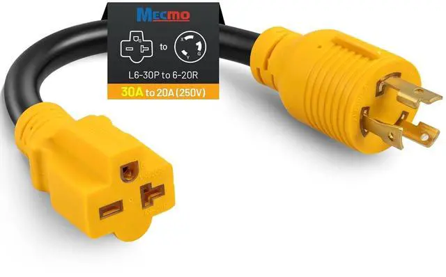 Main image of MECMO NEMA L6-30P to 6-15/20R Adapter, 30A 250V Locking Plug to 20A 250V Female Connector, 12AWG SJT, Heavy Duty Generator Cord 1FT for EV Charger (Max 16A Output, Must Set EV to 16A Max)