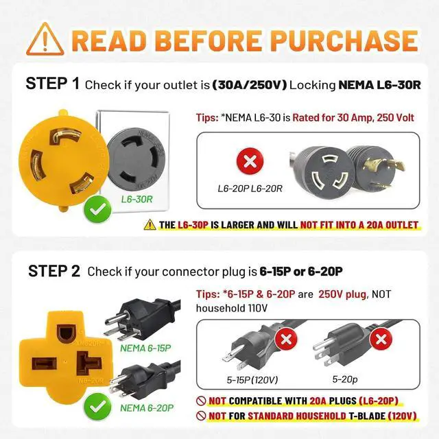 Alt view image 4 of 7 - MECMO NEMA L6-30P to 6-15/20R Adapter, 30A 250V Locking Plug to 20A 250V Female Connector, 12AWG SJT, Heavy Duty Generator Cord 1FT for EV Charger (Max 16A Output, Must Set EV to 16A Max)