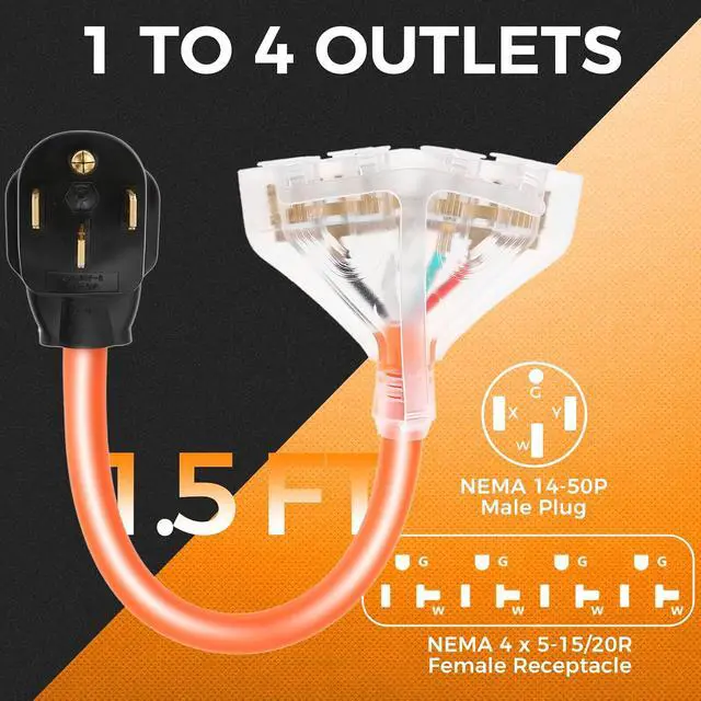 Alt view image 2 of 7 - 50 Amp to 110V 20 Amp RV Adapter Cord, 4 Prong NEMA 14-50P Male Plug to 4X 5-15/20R Household Outlet Female Connectors Adapter Cord with Dust Protection Caps, 1.5 FT