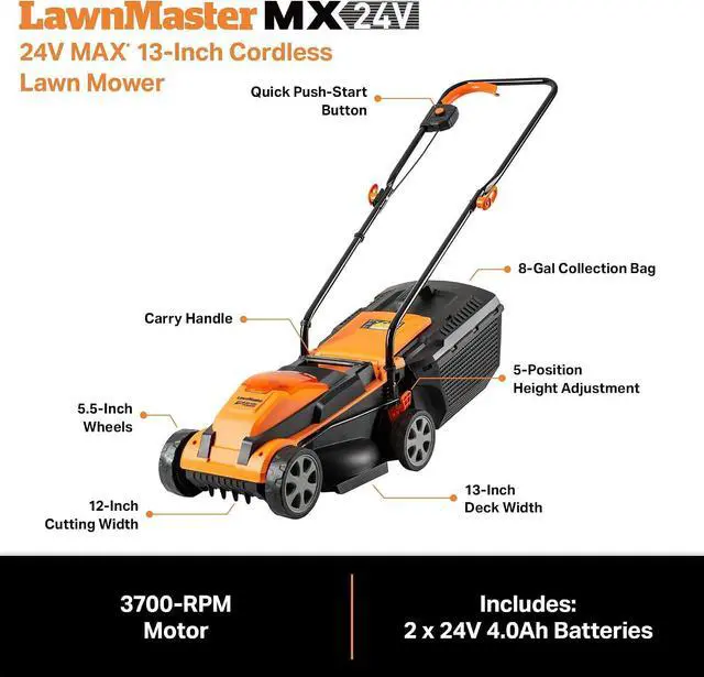 Alt view image 5 of 7 - LawnMaster CLM2413A Cordless 13-Inch Lawn Mower 24V Max with 2X4.0Ah Battery and a Charger
