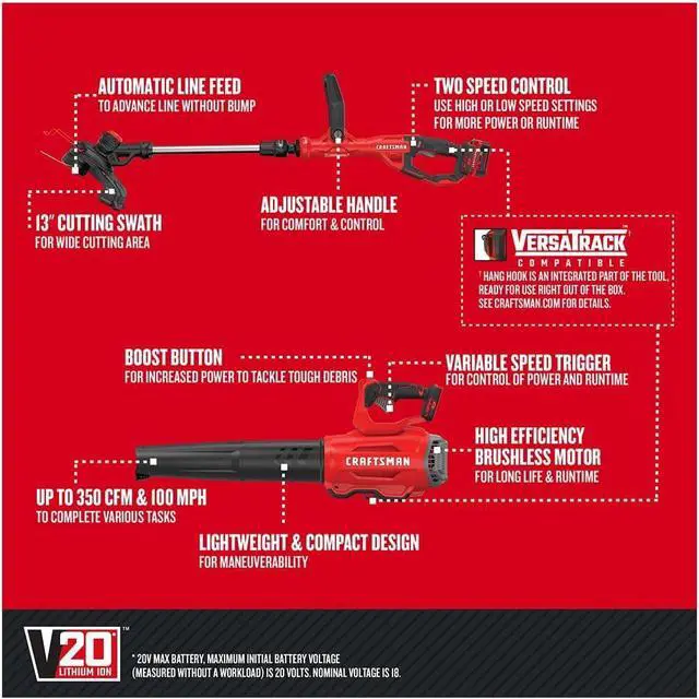 Alt view image 3 of 7 - CRAFTSMAN V20 String Trimmer and Leaf Blower Combo Kit, Cordless (CMCK297M1)