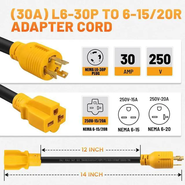Alt view image 2 of 7 - MECMO NEMA L6-30P to 6-15/20R Adapter, 30A 250V Locking Plug to 20A 250V Female Connector, 12AWG SJT, Heavy Duty Generator Cord 1FT for EV Charger (Max 16A Output, Must Set EV to 16A Max)