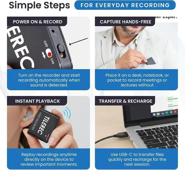 Alt view image 5 of 7 - TileRec Voice-Activated Audio Recorder 64GB Digital Dictaphone with Playback, USB-C, Metal Case Portable Recorder for Meetings & Lectures