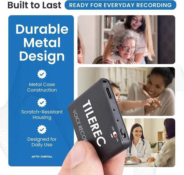Alt view image 6 of 7 - TileRec Voice-Activated Audio Recorder 64GB Digital Dictaphone with Playback, USB-C, Metal Case Portable Recorder for Meetings & Lectures