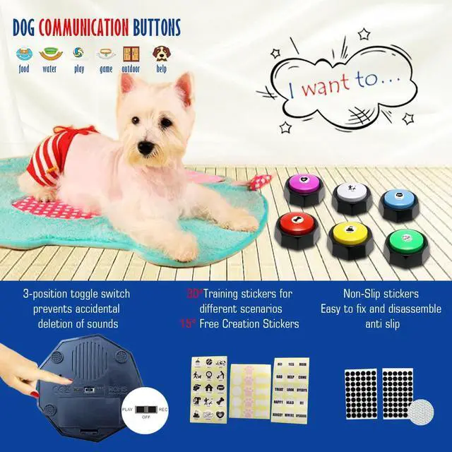 Alt view image 3 of 7 - Recordable Buttons, Dog Training and Communication Buttons, Pack of 6, 30 Seconds Recording, 30 Scene 15 Custom Stickers, 6 Pairs Non-Slip Stickers, Sound Quality is Clearly (Batteries Included)