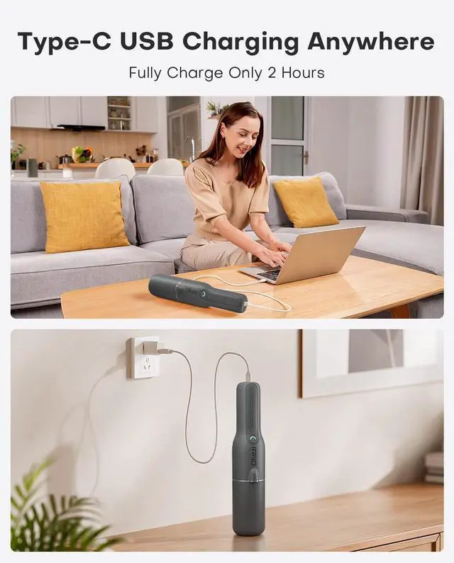 Alt view image 5 of 6 - Ofuzzi Slim H7 Pro Cordless Handheld Vacuum with LED Light, Ultra-Lightweight 1.0LB, 11000Pa Powerful Suction, Two-Speed Modes, Type-C Fast Charging, Mini Vacuum for Home Cleaning (Gray)