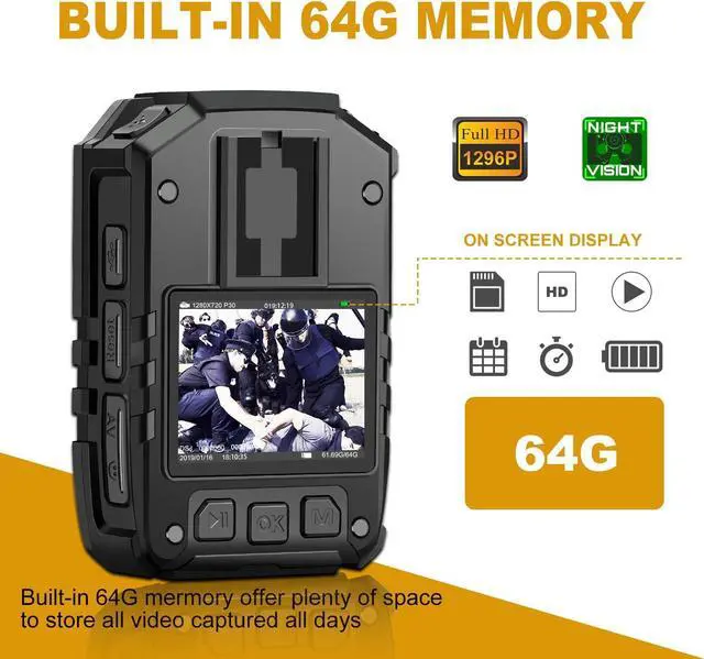 Alt view image 2 of 7 - CammPro I826 1440P 2K HD Police Body Camera,64G Memory,Waterproof Body Worn Camera with Audio Recording,Night Vision,GPS for Law Enforcement