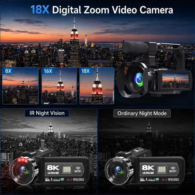 Alt view image 3 of 7 - VETEK Video Camera 8k Camcorder 48MP UHD WiFi Vlogging Camera for YouTube | 18X Digital Zoom,IR Night Vision 3.0 LCD Screen Digital Camera with Microphone, 32G SD Card, Remote Control and 2 Batteries