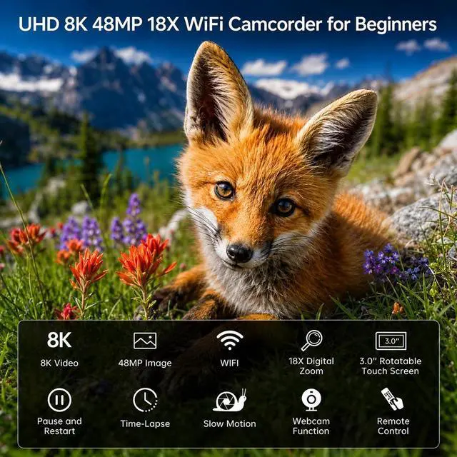 Alt view image 4 of 7 - VETEK Video Camera 8k Camcorder 48MP UHD WiFi Vlogging Camera for YouTube | 18X Digital Zoom,IR Night Vision 3.0 LCD Screen Digital Camera with Microphone, 32G SD Card, Remote Control and 2 Batteries