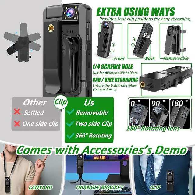 Alt view image 4 of 6 - Body Camera with Audio and Video Recording, HD 1080P Body Cam with 180° Rotating Lens, 6HR Battery, IR Cut Auto Night Vision, 128GB Body Worn Camcorder, for Personal Civilians, Police Law Enforcement