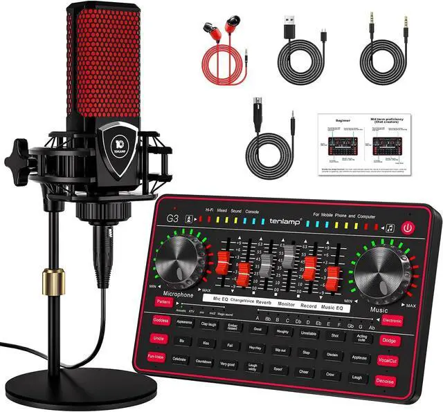 Main image of Podcast Microphone Bundle with Live Sound Board Audio Mixer, Podcast Equipment Bundle with 3.5mm Condenser Microphone for Pc/Phone Live Streaming Singing Gaming, Soundboard with Voice Changer, Denoise