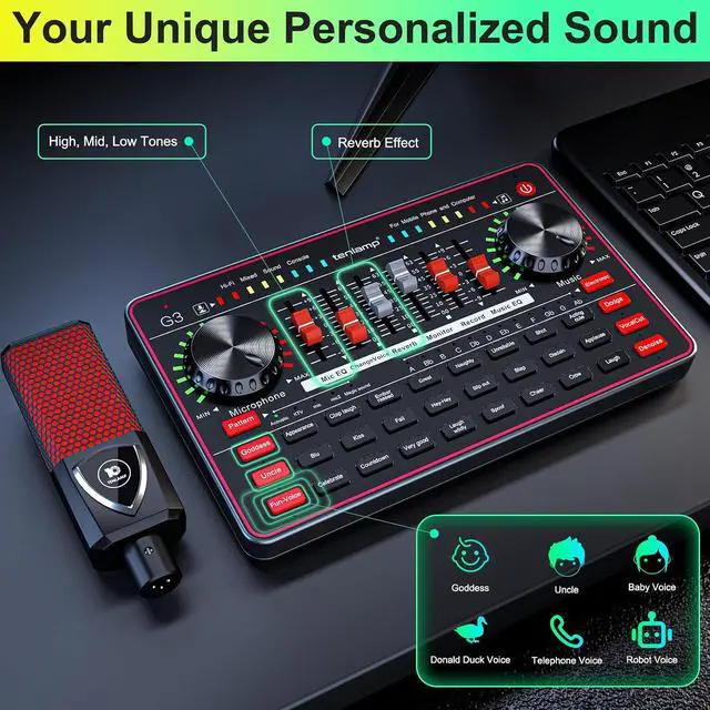 Alt view image 3 of 7 - Podcast Microphone Bundle with Live Sound Board Audio Mixer, Podcast Equipment Bundle with 3.5mm Condenser Microphone for Pc/Phone Live Streaming Singing Gaming, Soundboard with Voice Changer, Denoise