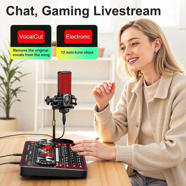 Alt view image 6 of 7 - Podcast Microphone Bundle with Live Sound Board Audio Mixer, Podcast Equipment Bundle with 3.5mm Condenser Microphone for Pc/Phone Live Streaming Singing Gaming, Soundboard with Voice Changer, Denoise