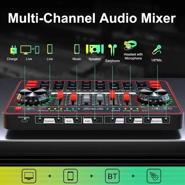 Alt view image 7 of 7 - Podcast Microphone Bundle with Live Sound Board Audio Mixer, Podcast Equipment Bundle with 3.5mm Condenser Microphone for Pc/Phone Live Streaming Singing Gaming, Soundboard with Voice Changer, Denoise