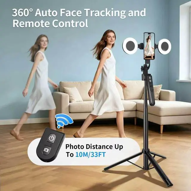 Alt view image 2 of 7 - yAyusi 70.9" Auto Face Tracking Selfie Stick Tripod for iPhone with Light, No App, 360° Rotation Tripod that Follows Your Movement with Remote Control for Vlog/Live Stream/Video Recording
