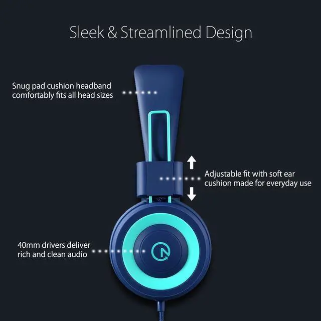 Alt view image 2 of 7 - noot products K11 Kids Headphones Wired 3.5mm Jack Tangle-Free Navy/Teal | 5ft Long Cord, Foldable, Plug in On-Ear Headset for iPad, Kindle Fire, Boys, Girls, School, Laptop Travel Plane Tablet