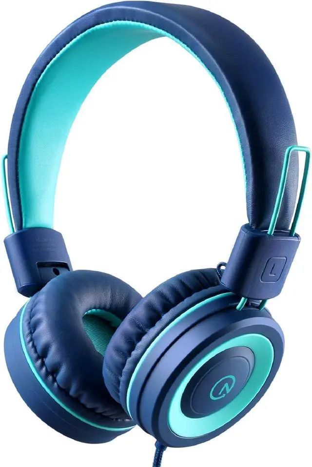 Main image of noot products K11 Kids Headphones Wired 3.5mm Jack Tangle-Free Navy/Teal | 5ft Long Cord, Foldable, Plug in On-Ear Headset for iPad, Kindle Fire, Boys, Girls, School, Laptop Travel Plane Tablet