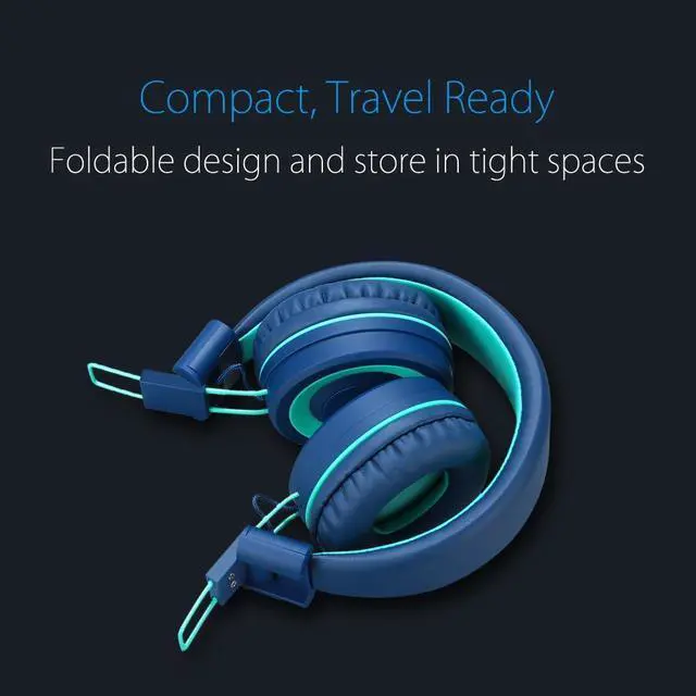 Alt view image 4 of 7 - noot products K11 Kids Headphones Wired 3.5mm Jack Tangle-Free Navy/Teal | 5ft Long Cord, Foldable, Plug in On-Ear Headset for iPad, Kindle Fire, Boys, Girls, School, Laptop Travel Plane Tablet