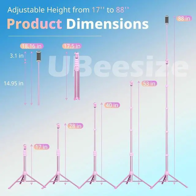 Alt view image 2 of 6 - UBeesize 88 Flexible Phone Tripod with 14.95 Gooseneck, Remote and Phone Holder, Overhead Cell Phone StandSelfie Stick for Video Recording, Compatible with iPhone Android Phone, Camera Pink