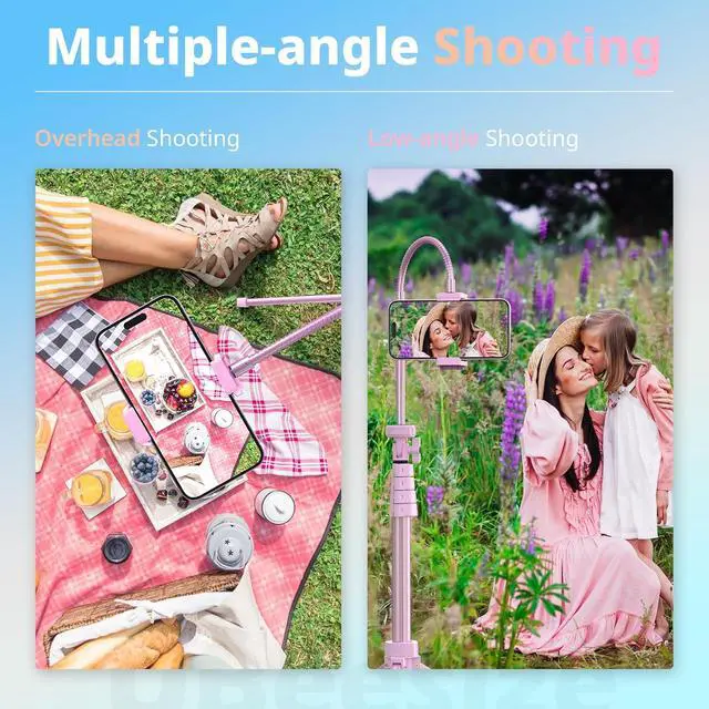 Alt view image 3 of 6 - UBeesize 88 Flexible Phone Tripod with 14.95 Gooseneck, Remote and Phone Holder, Overhead Cell Phone StandSelfie Stick for Video Recording, Compatible with iPhone Android Phone, Camera Pink