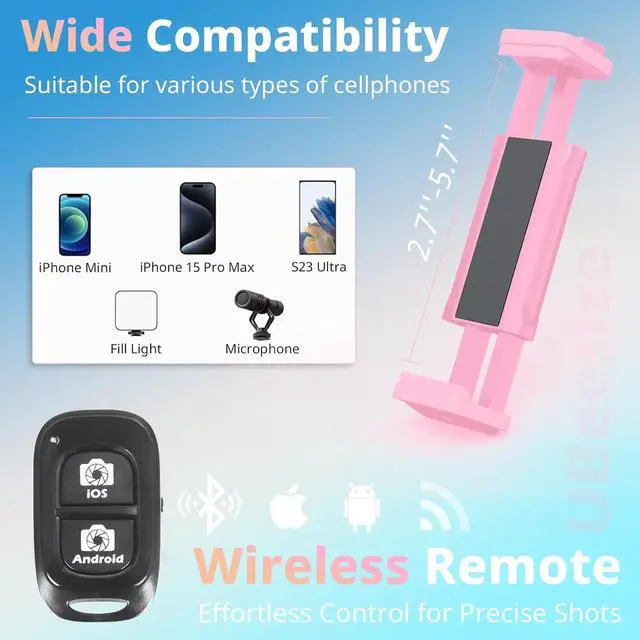 Alt view image 4 of 6 - UBeesize 88 Flexible Phone Tripod with 14.95 Gooseneck, Remote and Phone Holder, Overhead Cell Phone StandSelfie Stick for Video Recording, Compatible with iPhone Android Phone, Camera Pink