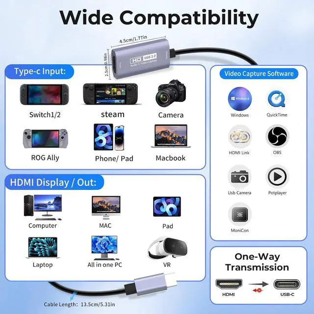 Alt view image 3 of 7 - GUERMOK Video Capture Card, USB3.0 HDMI to USB-C Capture Device, 2K@30FPS | Stream & Record Gameplay at 1080P@60FPS, Compatible with Mac OS, Windows, Quest 3, OBS, Zoom, PS5/4, Switch, Xbox (Black)