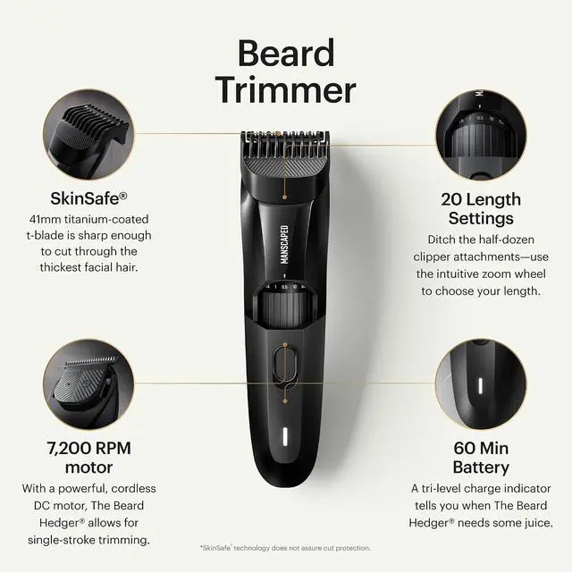 Alt view image 2 of 7 - MANSCAPED® The Beard Hedger® Men's Premium Beard Trimmer, 20 Length Adjustable Blade Wheel, Stainless Steel T-Blade for Precision Facial Hair Trimming, Cordless Waterproof Wet/Dry Clipper