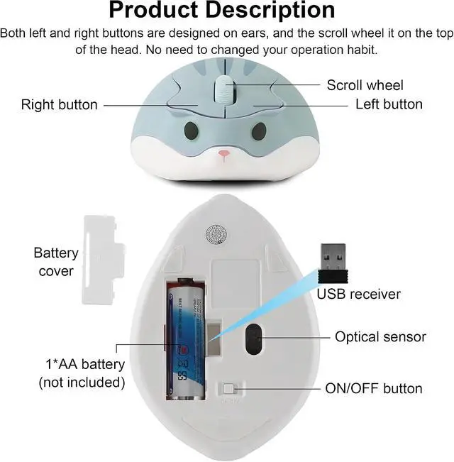Alt view image 4 of 6 - CHUYI Hamster Wireless Silent Mouse 1200DPI Cute Animal Small Cordless Portable Mice for Travel Home School Library Computer Laptop PC for Kids Gift (Light Blue)