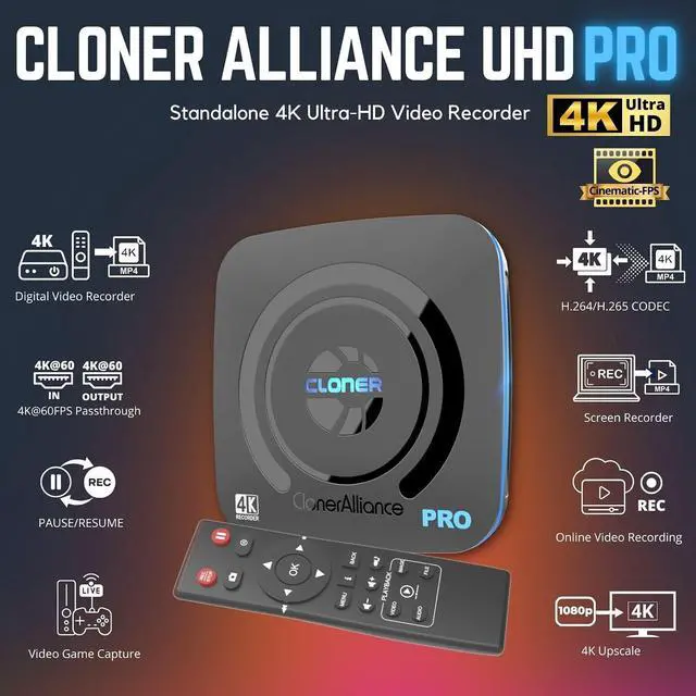 Alt view image 2 of 7 - ClonerAlliance UHD Pro, 4K Video Recorder, HDMI Capture DVR with H.265/H.264 Codec, Cinematic 24fps Recording(Up to 30fps), 4K@60fps Passthrough, Pause/Resume Recording.