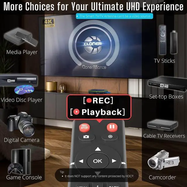 Alt view image 3 of 7 - ClonerAlliance UHD Pro, 4K Video Recorder, HDMI Capture DVR with H.265/H.264 Codec, Cinematic 24fps Recording(Up to 30fps), 4K@60fps Passthrough, Pause/Resume Recording.