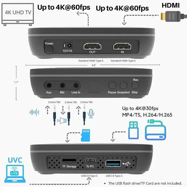 Alt view image 4 of 7 - ClonerAlliance UHD Pro, 4K Video Recorder, HDMI Capture DVR with H.265/H.264 Codec, Cinematic 24fps Recording(Up to 30fps), 4K@60fps Passthrough, Pause/Resume Recording.