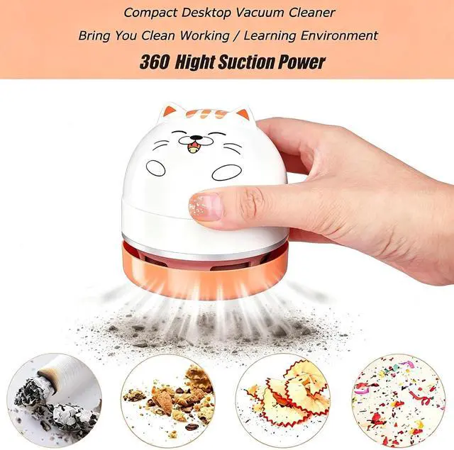 Alt view image 5 of 7 - YUNYILAN Mini Desktop Vacuum Cleaner, Portable USB Vacuum Cleaner for Desk Mini Cute Cartoon Desktop Vacuum for Cleaning Eraser Crumbs, Dust, Crumbs, Computer, Keyboard and Car (White Orange)