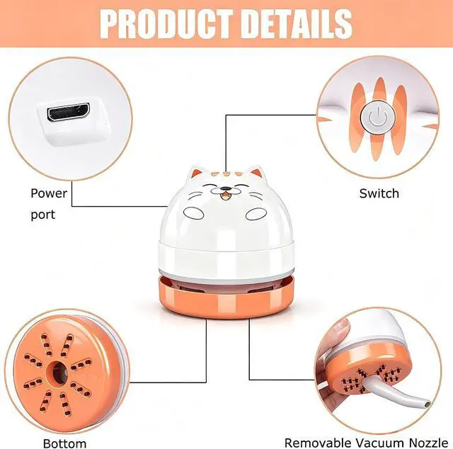 Alt view image 6 of 7 - YUNYILAN Mini Desktop Vacuum Cleaner, Portable USB Vacuum Cleaner for Desk Mini Cute Cartoon Desktop Vacuum for Cleaning Eraser Crumbs, Dust, Crumbs, Computer, Keyboard and Car (White Orange)