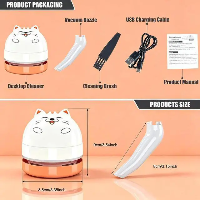 Alt view image 7 of 7 - YUNYILAN Mini Desktop Vacuum Cleaner, Portable USB Vacuum Cleaner for Desk Mini Cute Cartoon Desktop Vacuum for Cleaning Eraser Crumbs, Dust, Crumbs, Computer, Keyboard and Car (White Orange)