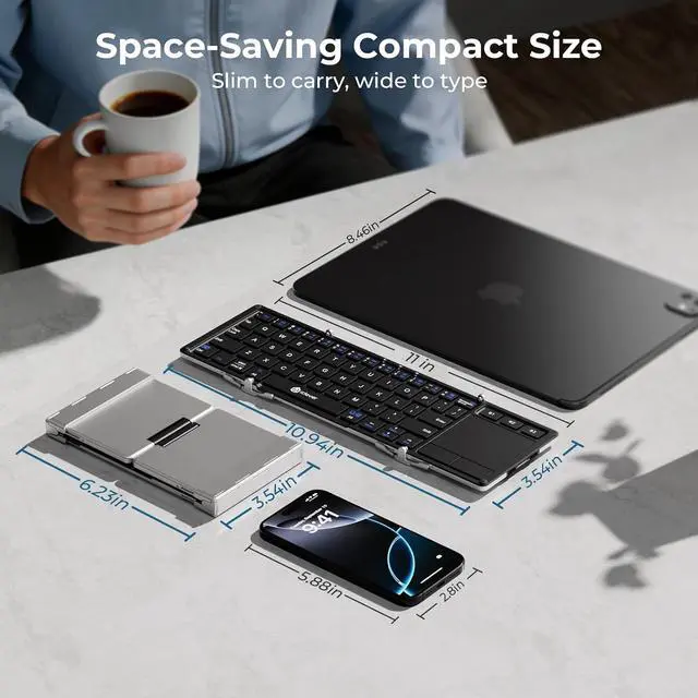 Alt view image 7 of 7 - iClever BK08 Foldable Keyboard with Touchpad for Phone and Tablet, Silver | Multi-Touch Trackpad, Pocket-Sized, Aluminum Build, 3-Device Bluetooth Switching, USB-C Charging, for Travel and Remote Work