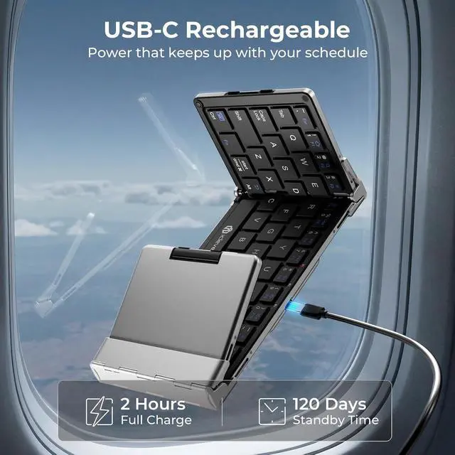 Alt view image 6 of 7 - iClever BK08 Foldable Keyboard with Touchpad for Phone and Tablet, Silver | Multi-Touch Trackpad, Pocket-Sized, Aluminum Build, 3-Device Bluetooth Switching, USB-C Charging, for Travel and Remote Work